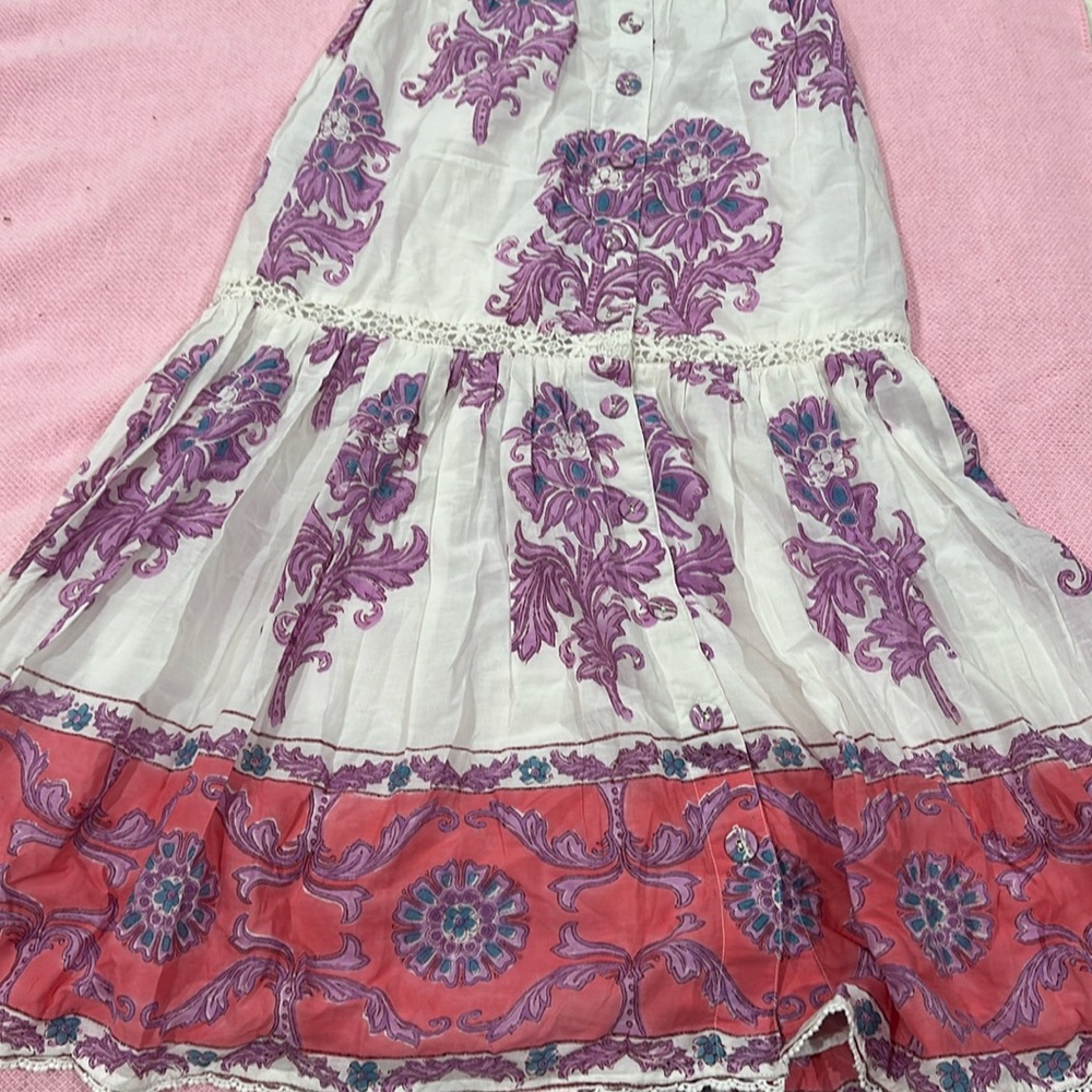 Boho Tiered Maxi Skirt in White with Purple Floral and Coral Border - Picture 2 of 15